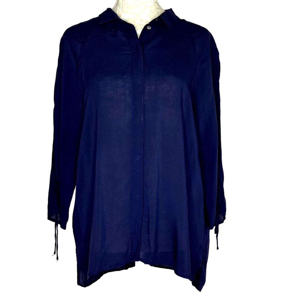 Zara Button Front Woven Blouse Tie Slit Sleeve Navy Blue M